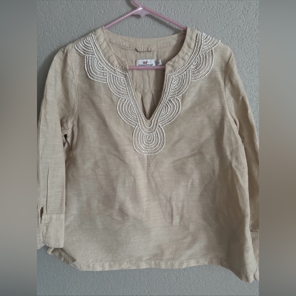 Vineyard Vines Tan Sand Embellished Beaded Yarn Dyed Linen Tunic Top Size XS